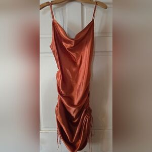 Satin Ruched Slip Dress in Rust